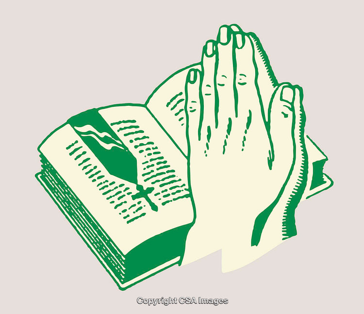 Praying Hands Over Open Bible in Line Art Illustration