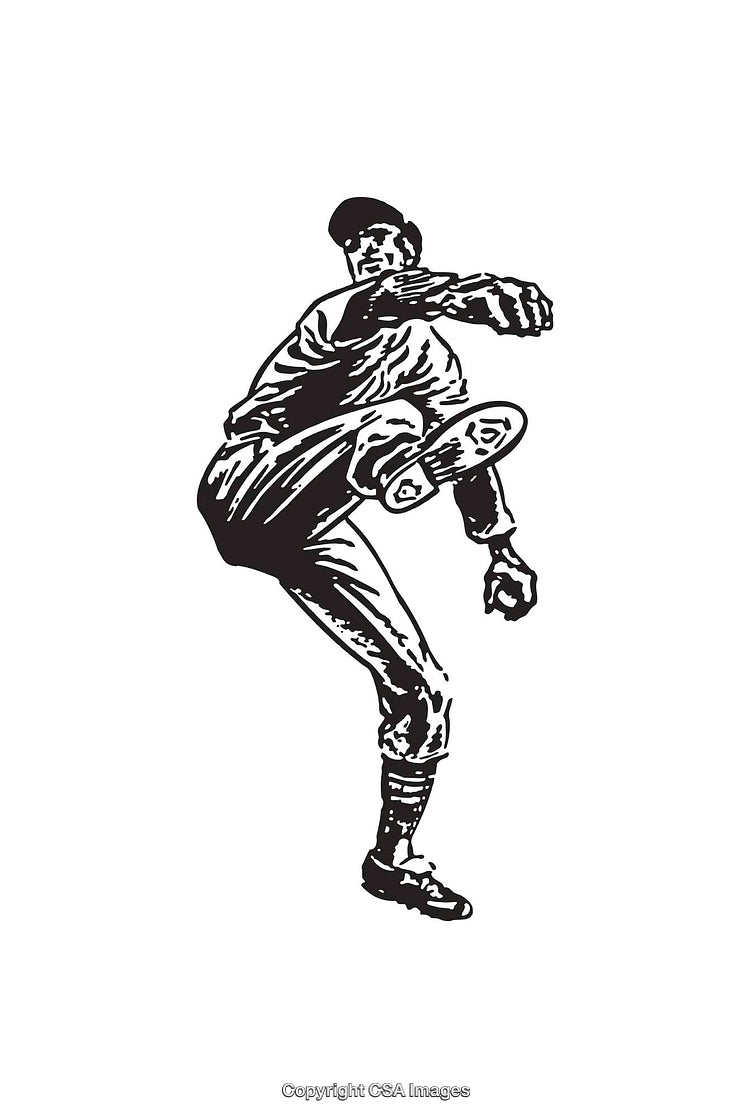 Black and White Retro Line Art of a Baseball Pitcher in Action
