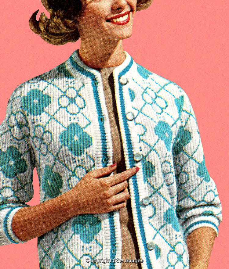 Stylized Vintage Portrait Wearing a Floral Knit Sweater Against a Pink Background