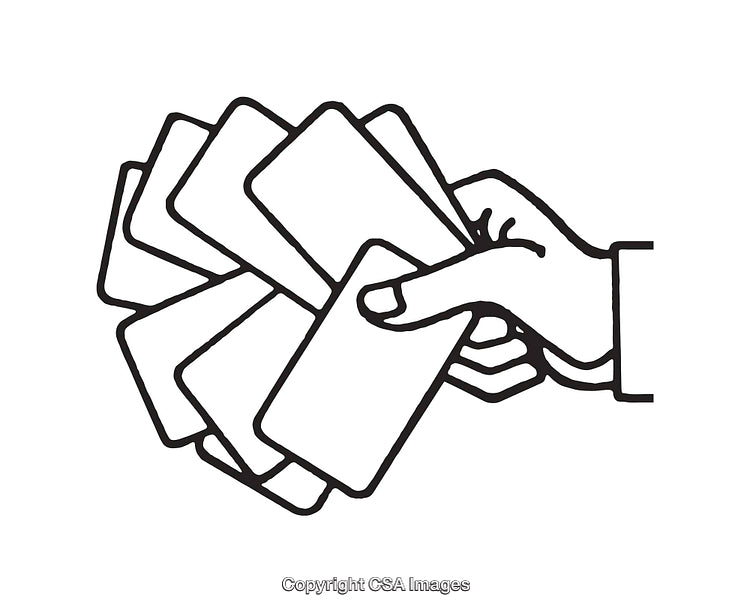 Hand Holding Fanned Cards in Black and White Line Art Style