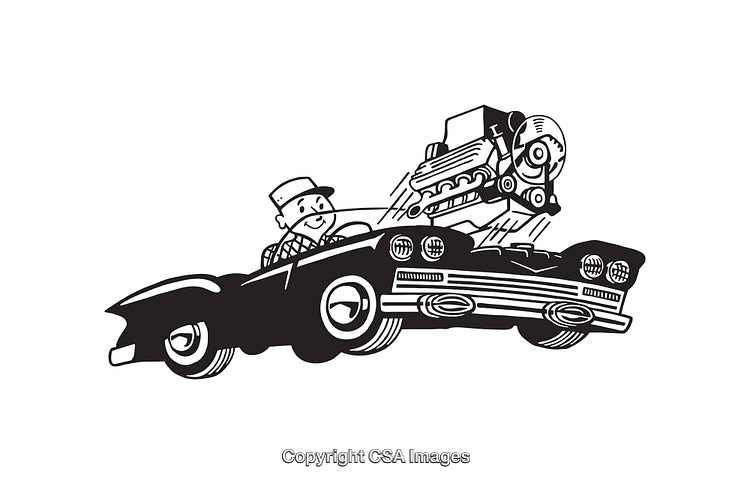 Vintage Car Illustration with Happy Driver and Flying Engine in Black and White