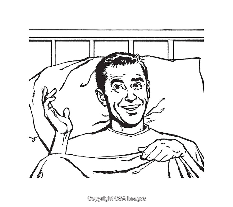 Black and White Line Drawing of a Cheerful Man in Bed