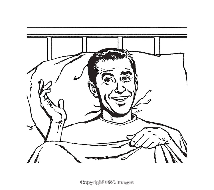Black and White Line Drawing of a Cheerful Man in Bed