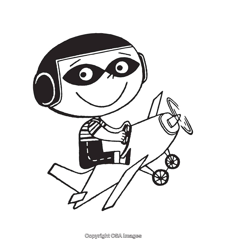 Playful Child Piloting a Toy Airplane in Cartoon Style Line Art