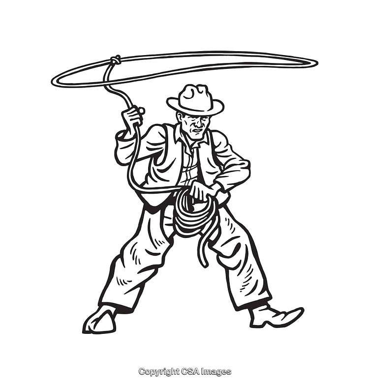 Black and White Line Art of a Cowboy Swinging a Lasso
