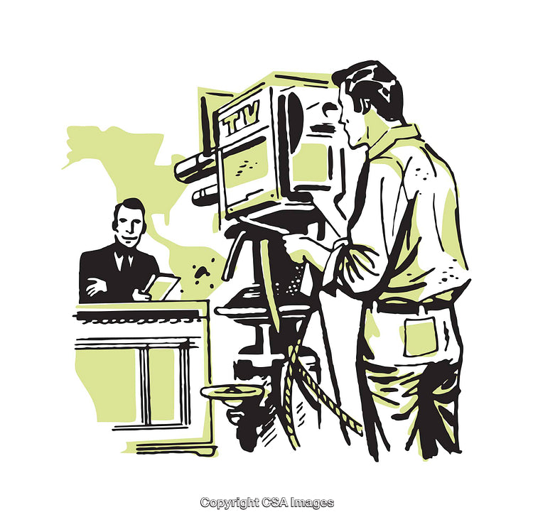 Retro Television Studio Scene Depicting Cameraman and Anchor on Air