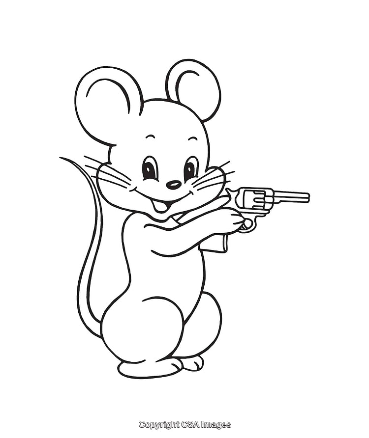 Cartoon Mouse Holding Toy Gun in Black and White Line Art Illustration