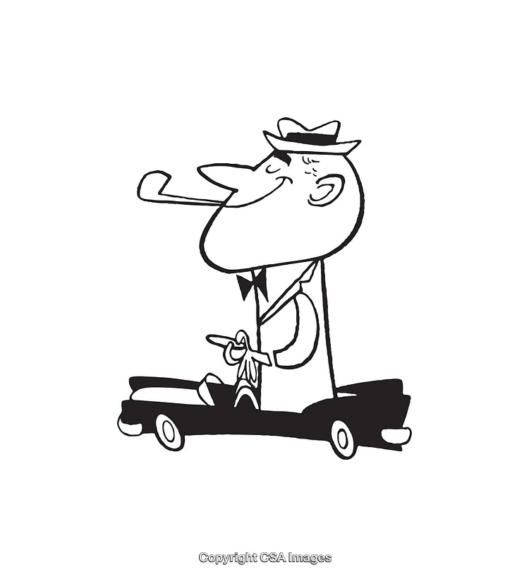 Retro Black and White Line Art of a Sophisticated Man Driving