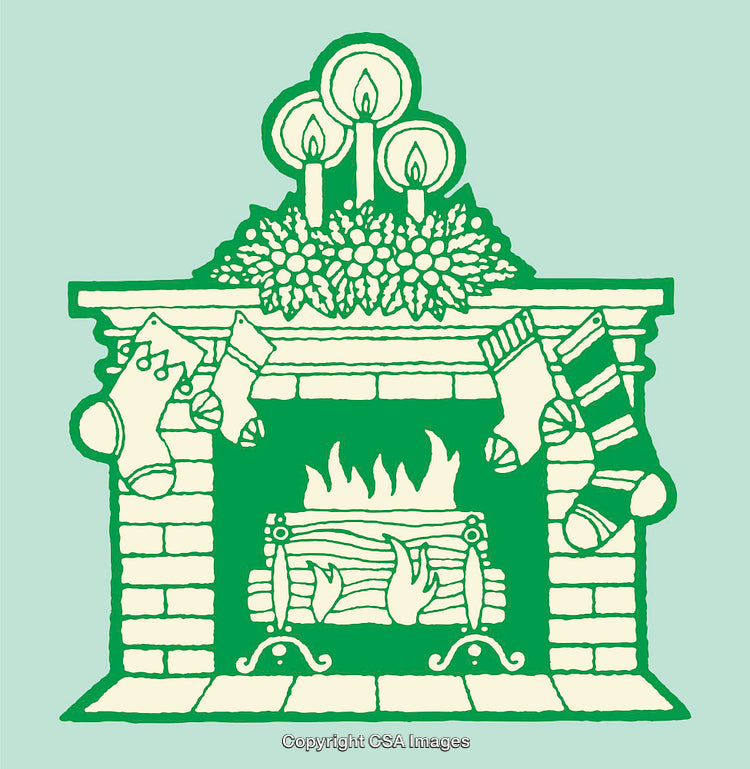 Christmas Fireplace Scene with Stockings and Candles in Green Line Art