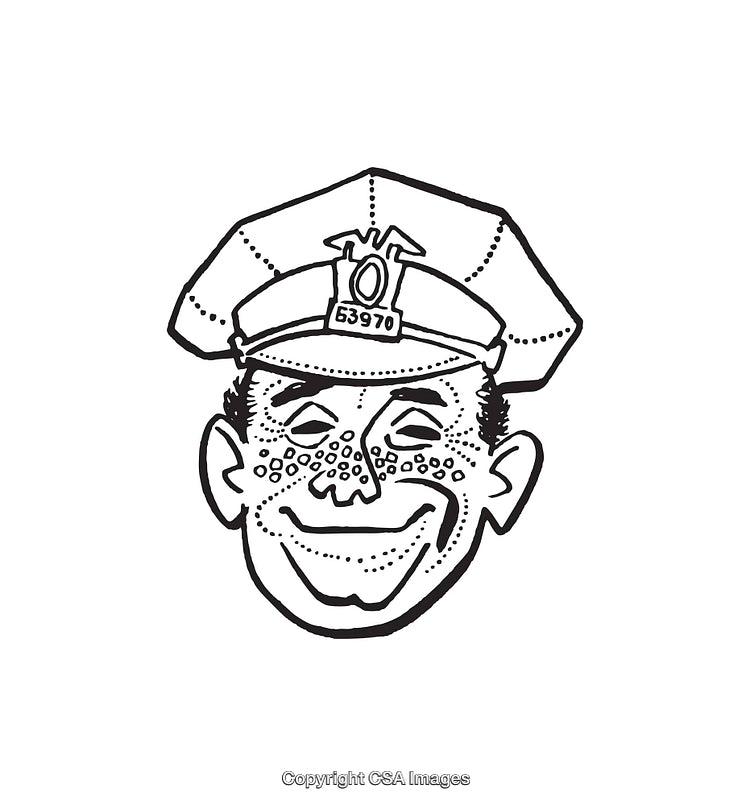 Black and White Line Art of Smiling Policeman Cartoon