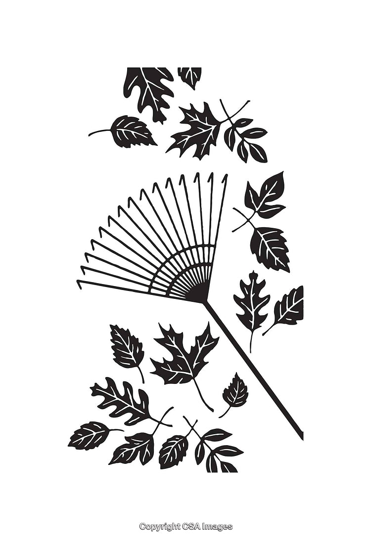 Black and White Line Art Illustration of a Rake with Fallen Leaves