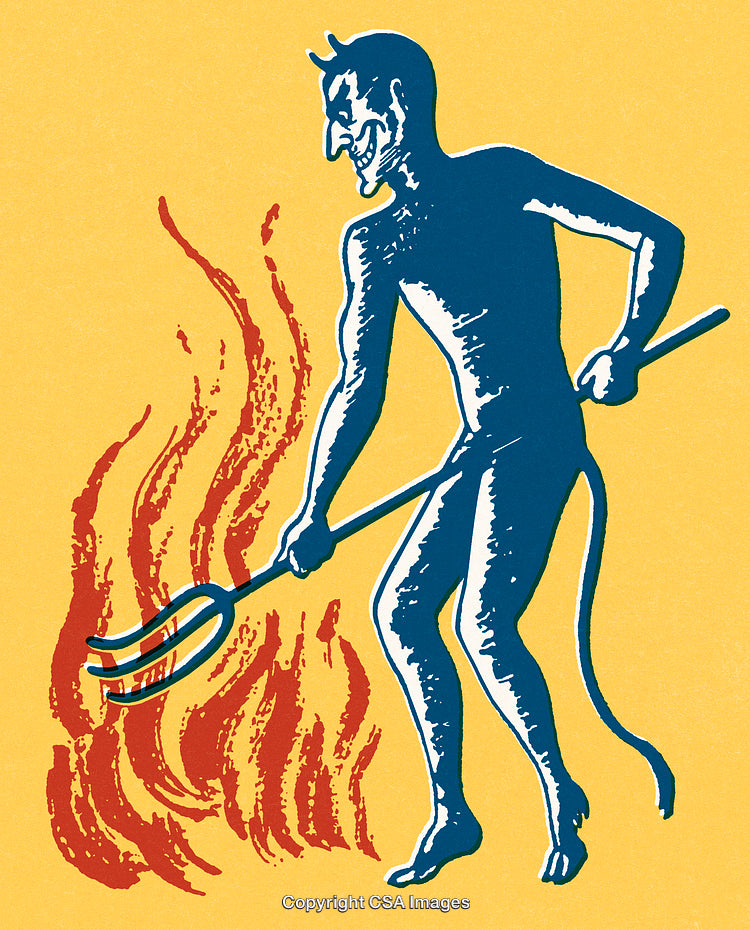 Retro Illustration of a Devil Stoking Flames with a Pitchfork