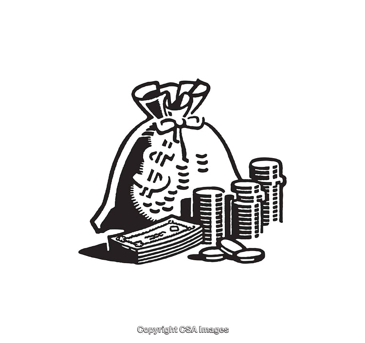Black And White Illustration of Money Bag and Currency Coins