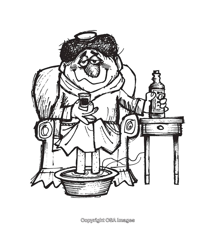 Cartoon Illustration of a Sick Man Relaxing With Whiskey and Warm Water