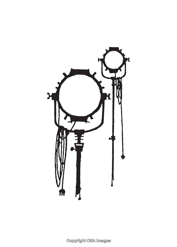 Black and White Line Art of Circular Mechanical Structures on Stands