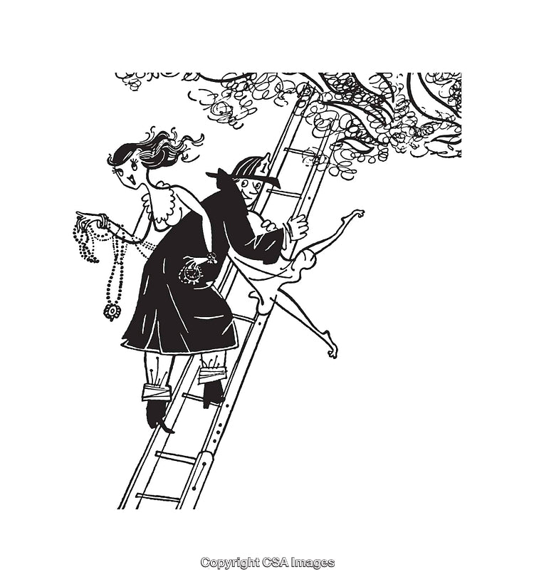 Black and White Line Art Illustration of Two People on a Ladder