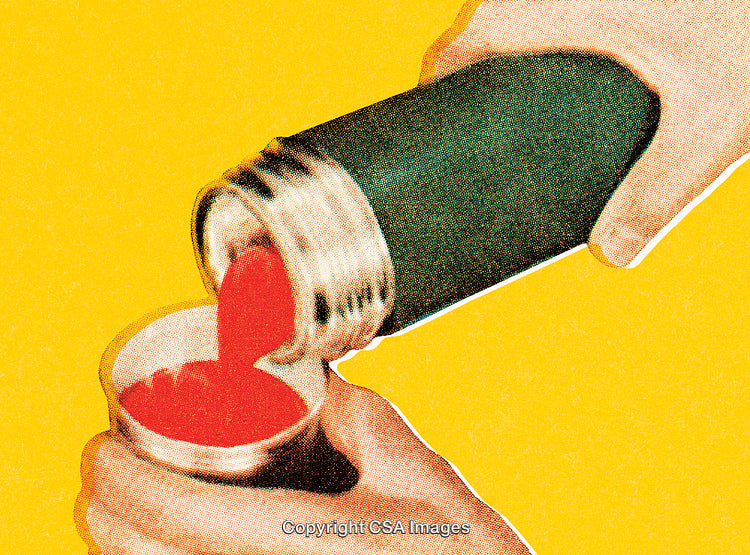 Closeup of Hands Pouring Red Liquid from Flask in Vintage Pop Art Style