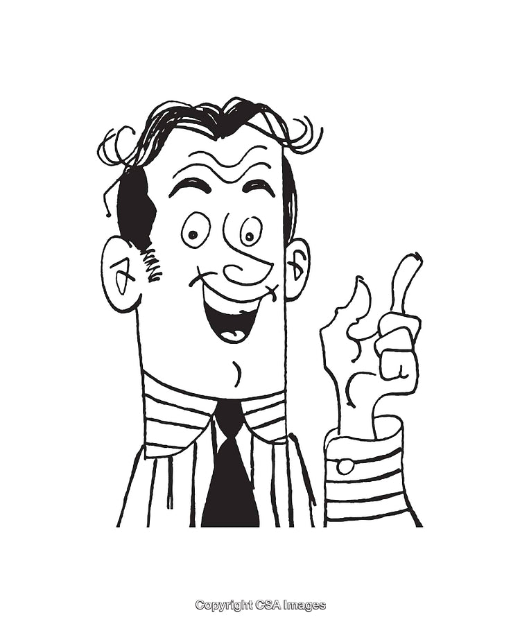 Black And White Line Drawing of a Cheerful Man Discussing Ideas