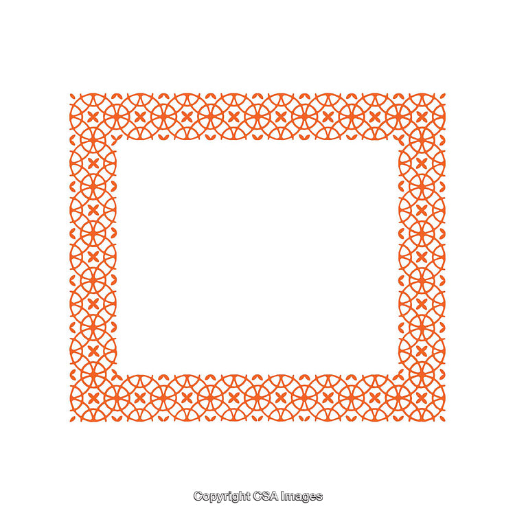 Decorative Ornamental Border with Geometric Patterns in Bright Orange on White Background