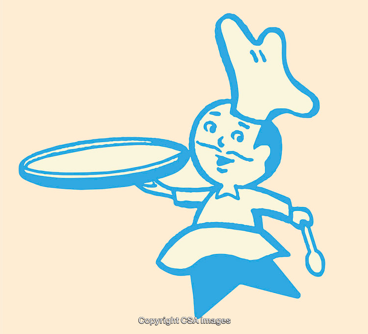 Whimsical Blue Chef Character with Serving Tray and Spoon