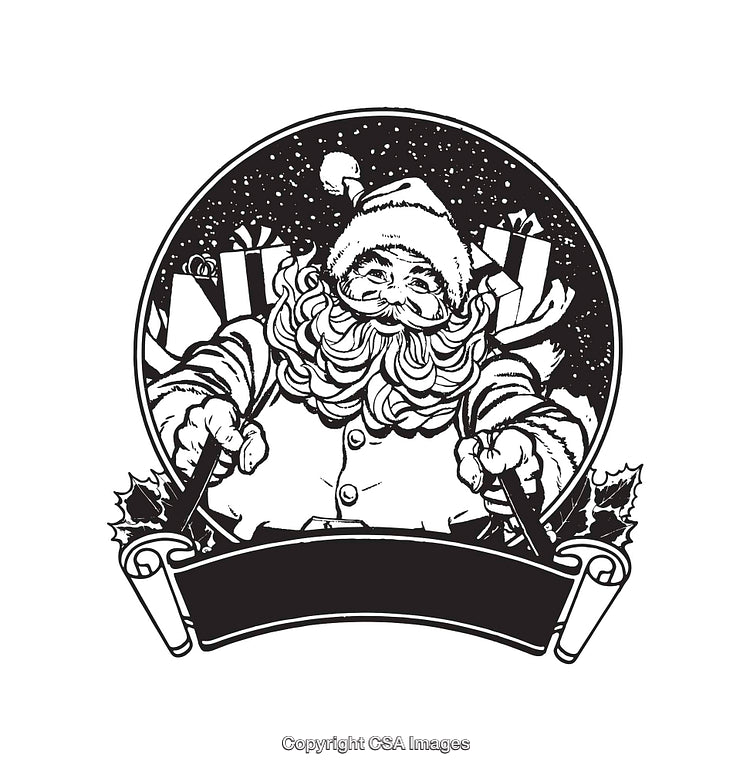 Intricate Black and White Line Art Depicting Santa Claus With Presents