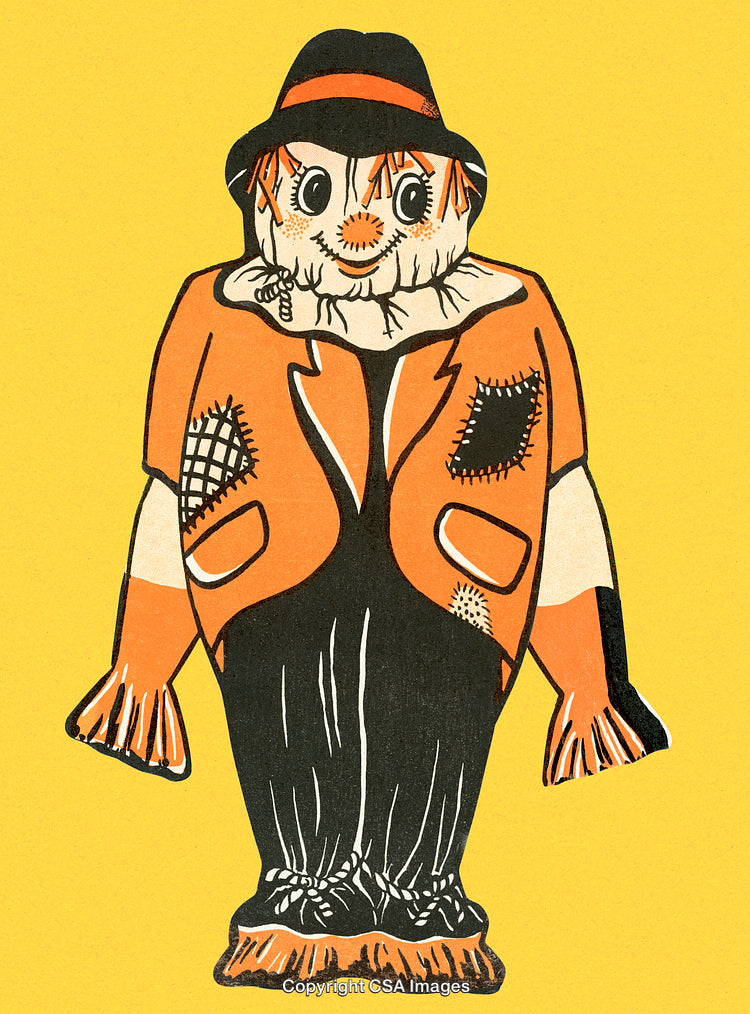 Vintage Illustration of a Playful Scarecrow on Bright Yellow Background