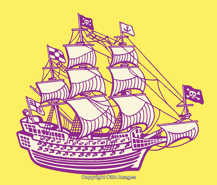 Purple Pirate Ship Illustration on a Yellow Background