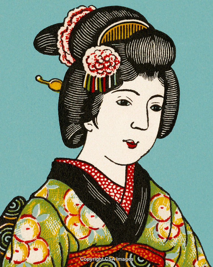 Japanese Woman in Traditional Kimono with Floral Hair Ornament