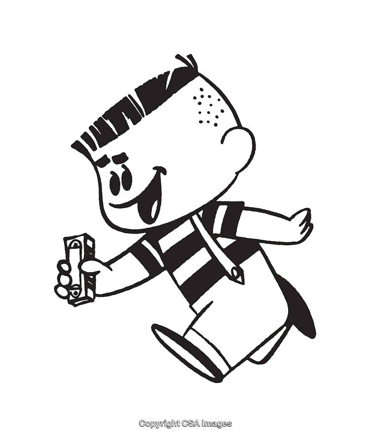 Black and White Illustration of a Cheerful Boy Holding a Toy