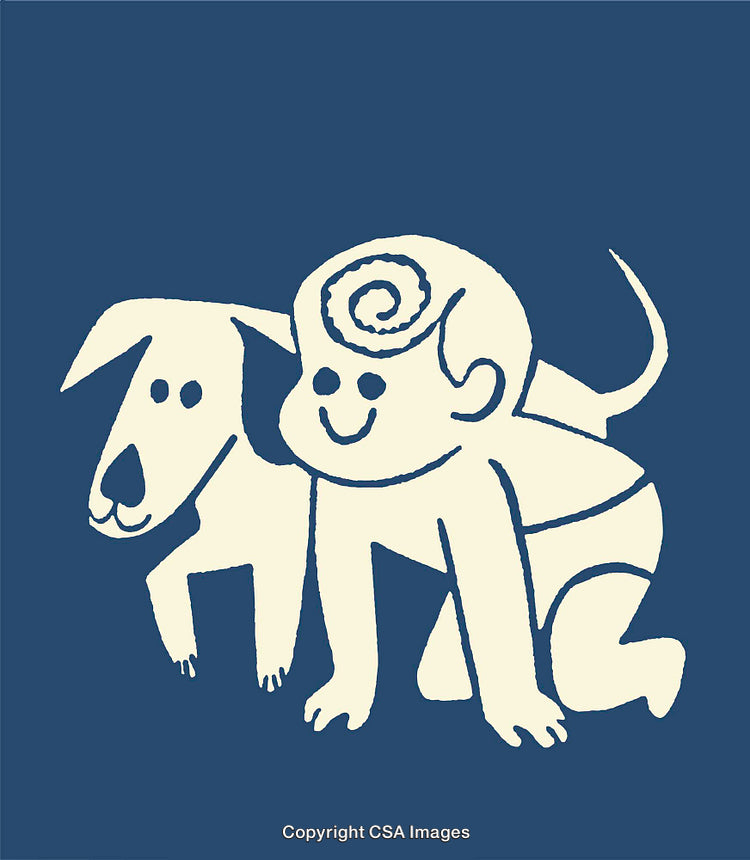 Playful Illustration of a Baby and Dog Bonding Creatively Drawn
