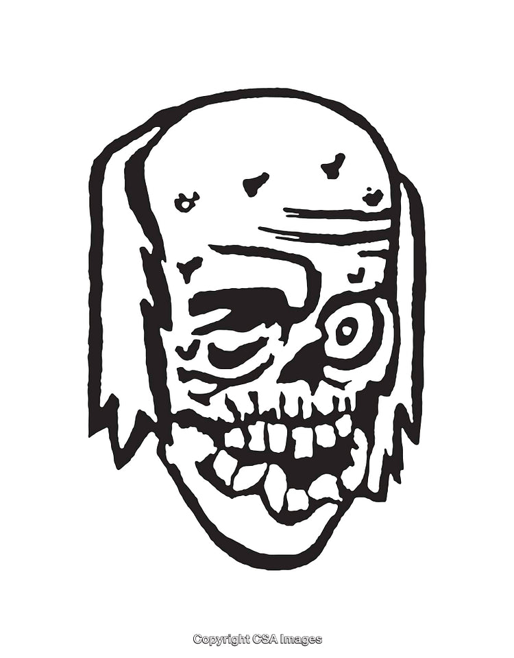 Black and White Illustration of a Stylized Skull with Distressed Features