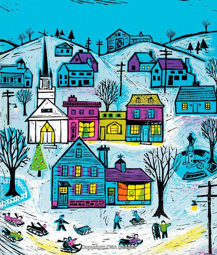 Winter Village Scene With People Sleighing and Houses in Vibrant Colors