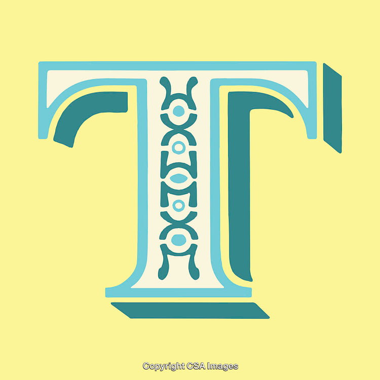 Stylized Letter T with Ornamental Blue Pattern on Yellow Background