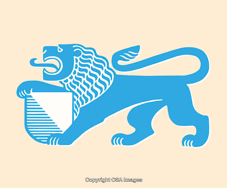 Blue Heraldic Lion with Shield on Cream Background in Stylized Line Art