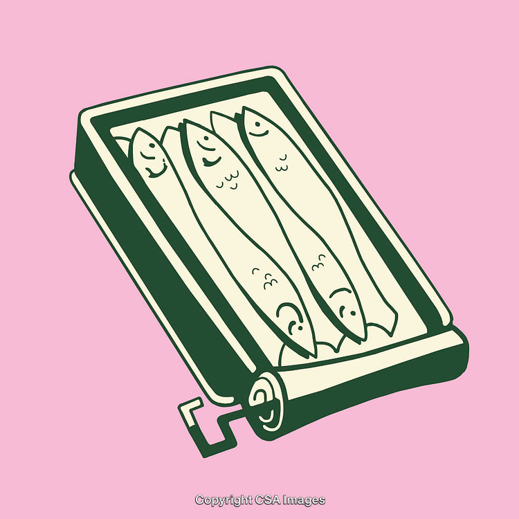 Creative Illustration of Sardines in a Can on Pink Background