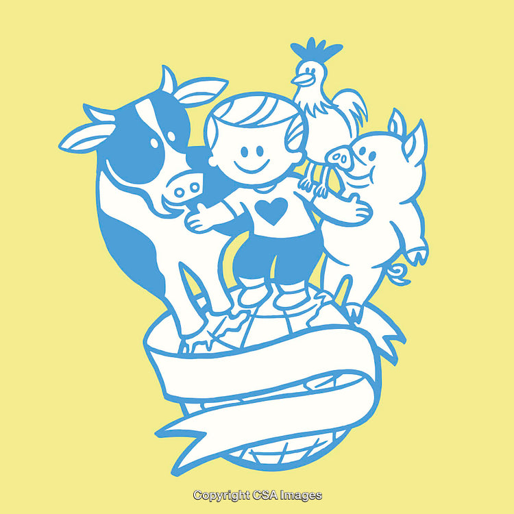 Color Line Art of Happy Child with Farm Animals Around the Globe