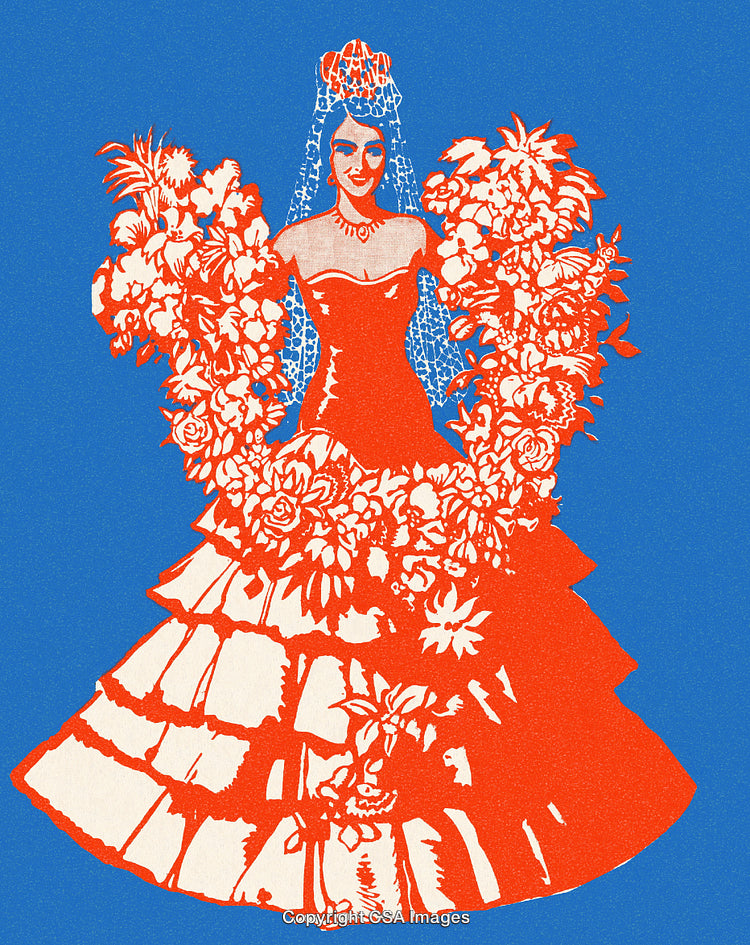 Abstract Vintage Illustration of Elegantly Dressed Woman with Floral Accents