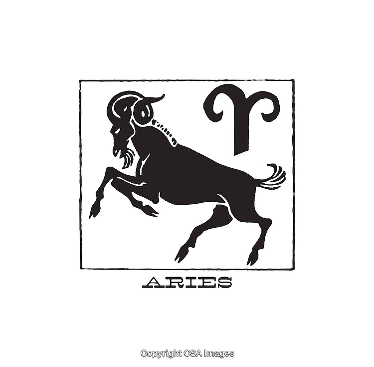 Aries Zodiac Illustration Featuring Ram and Symbol in Black and White Line Art