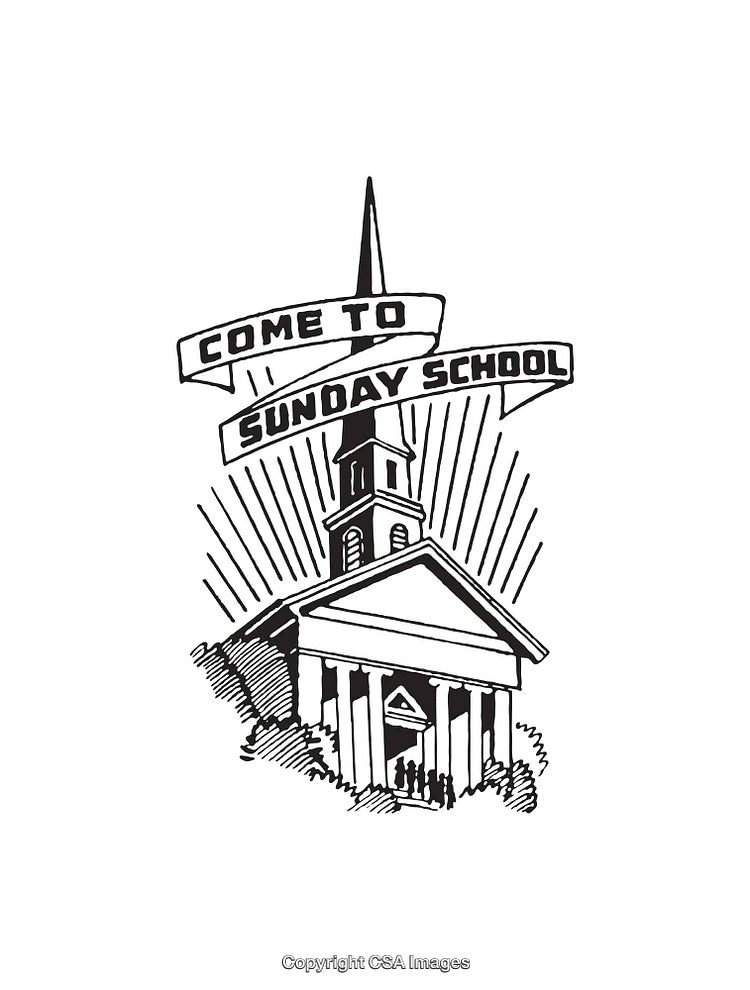 Line Art Illustration Promoting Sunday School Attendance Featuring a Church Scene