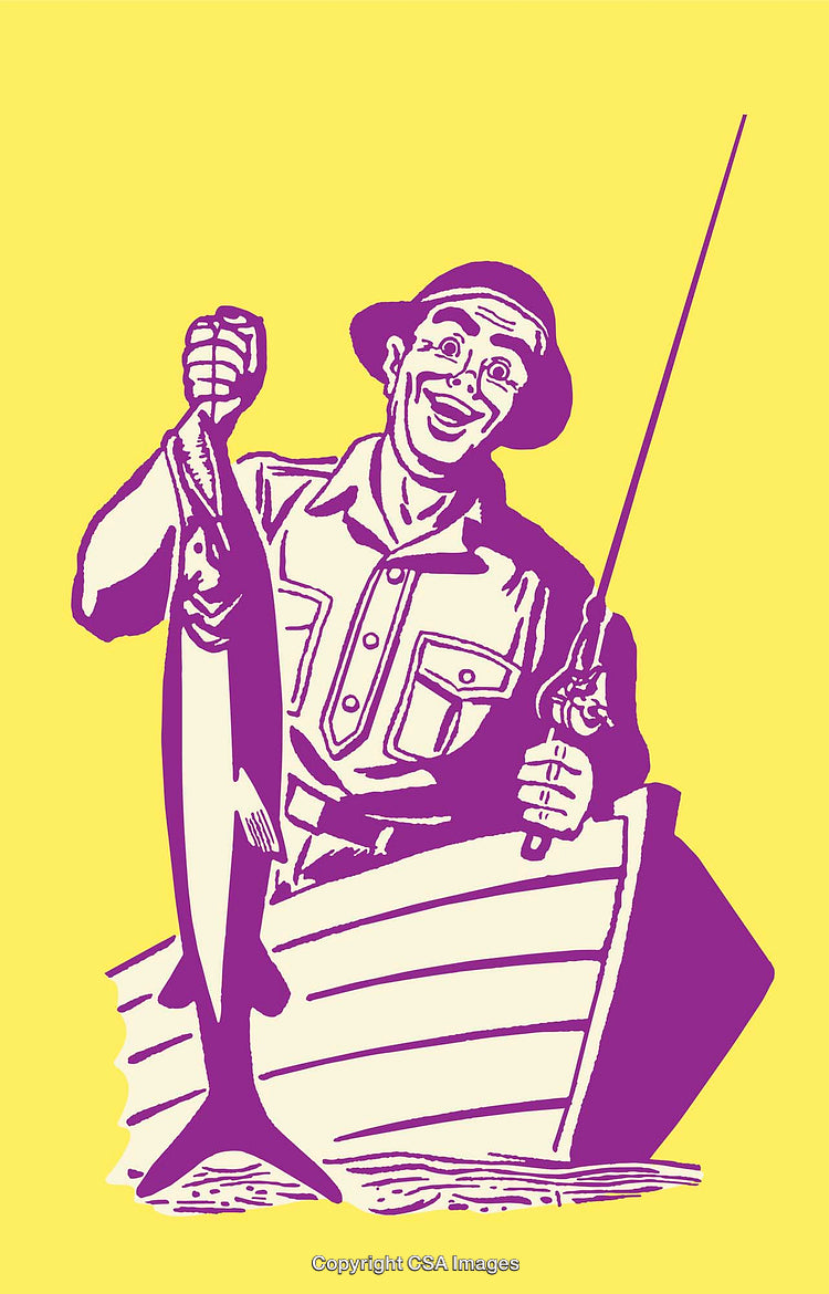 Fisherman Smiling Holding a Large Fish in a Boat in Color Line Art