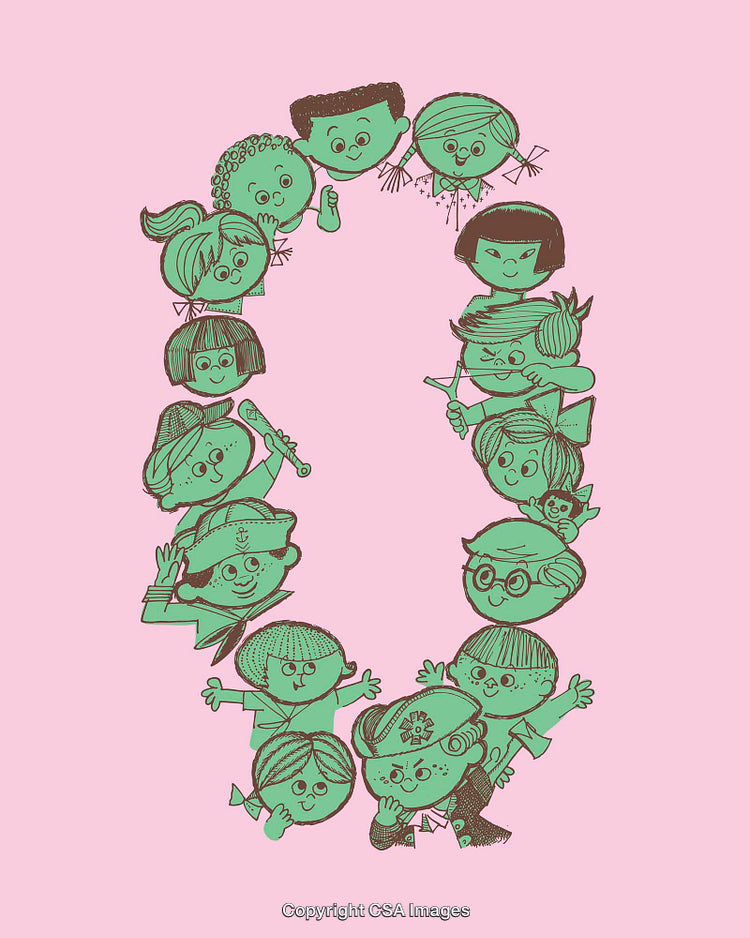 Colorful Line Art Illustrations Forming a Circle with Diverse Happy People