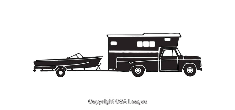 Silhouette of a Truck and Camper with a Boat Trailer Attached