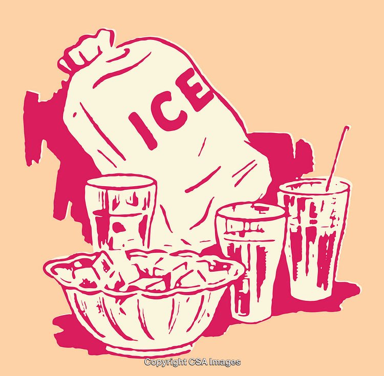 Vintage Styled Illustration of Ice Package and Beverage Glasses
