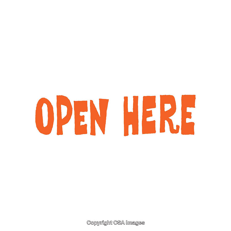 Bold Orange Text Display Saying Open Here on White Background