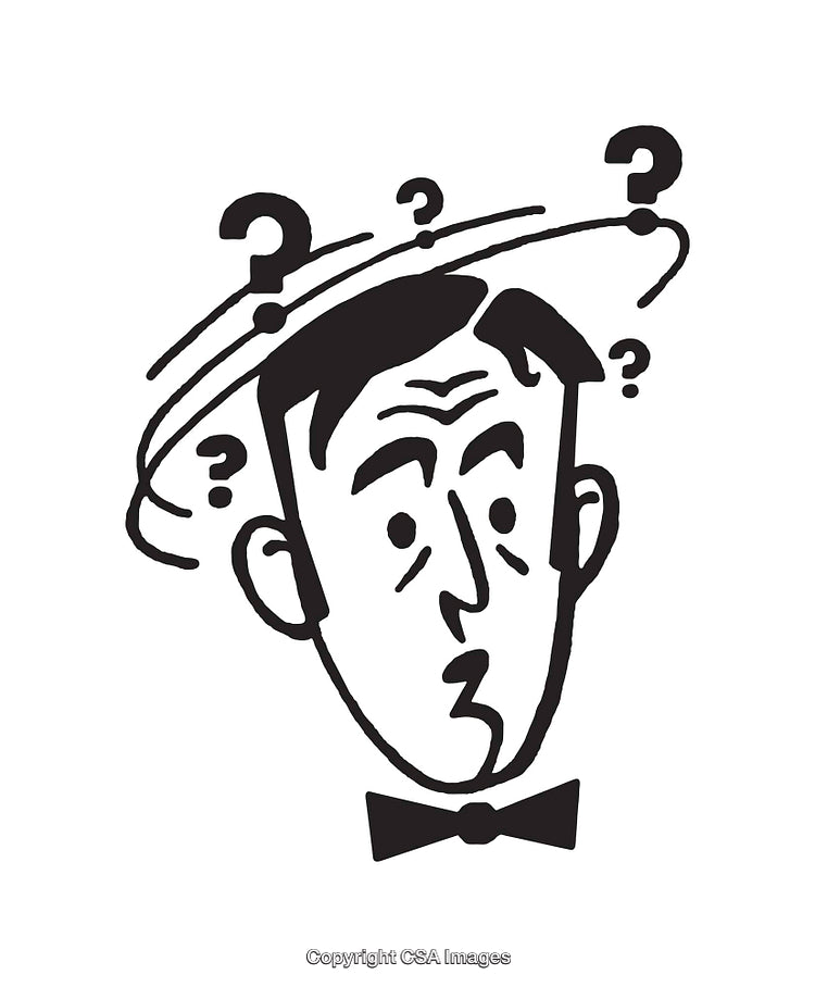 Black And White Line Art of a Confused Face with Question Marks