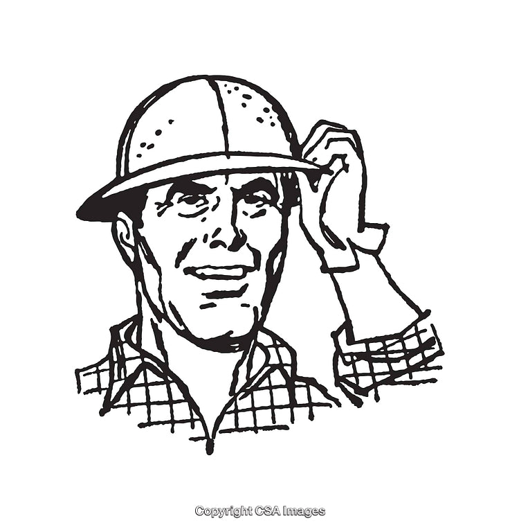 Illustration of Worker Wearing Helmet and Adjusting It, Line Art Style