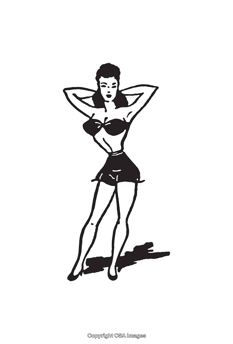 Classic Black and White Line Art of a Standing Woman in Stylish Attire