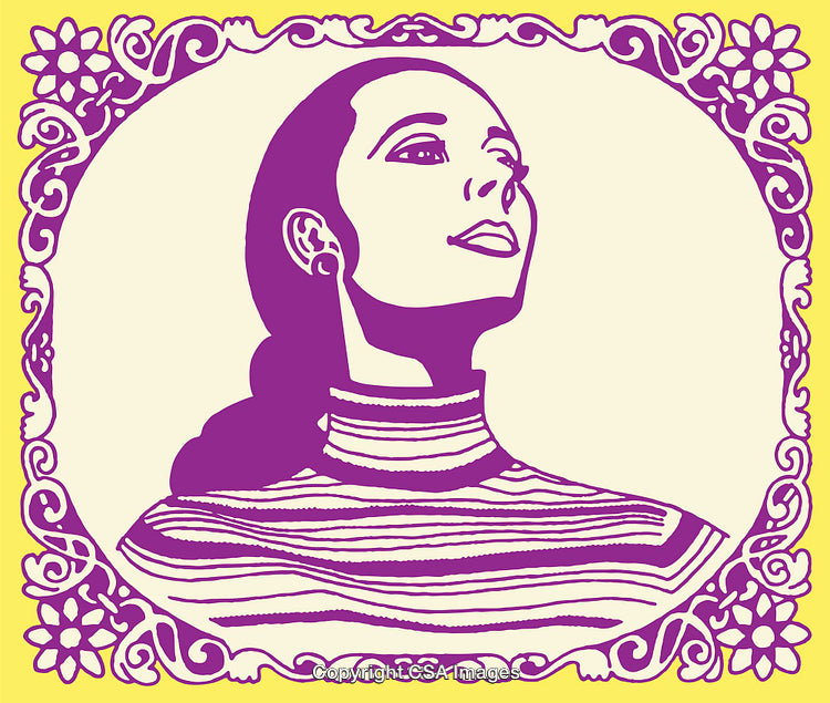 Colorful Line Art Illustration of Woman in Striped Sweater with Ornate Border