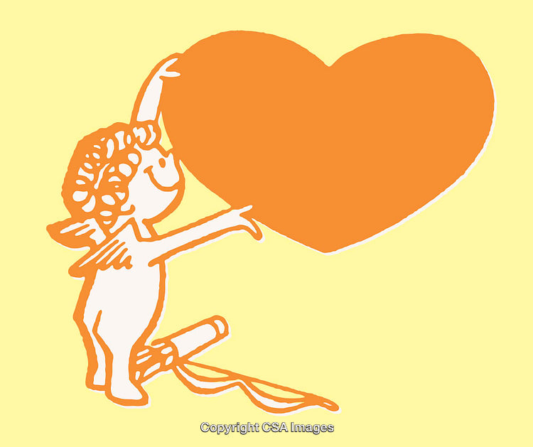 Illustration of a Cupid Holding a Large Heart on a Yellow Background