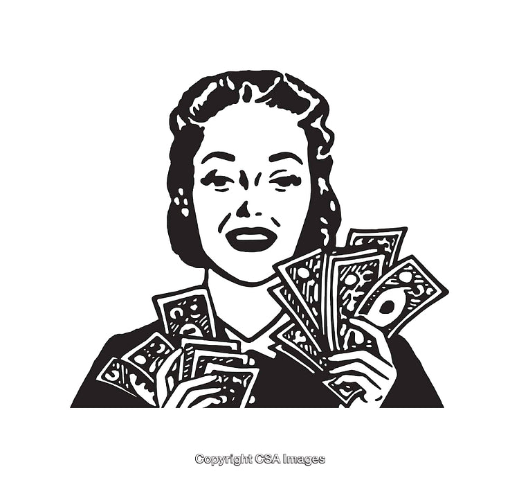 Retro Style Black and White Illustration of Woman Holding Money